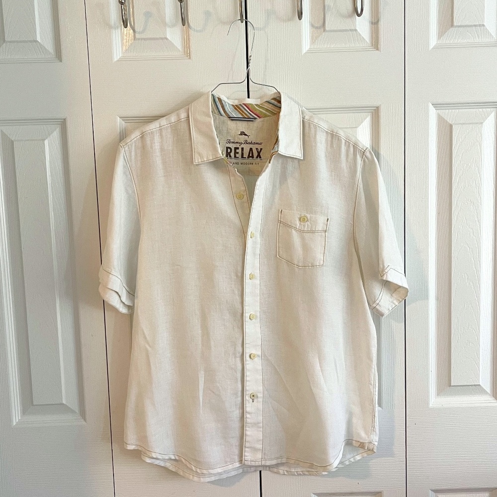 EUC -Tommy Bahama RELAX - %100 Linen - Mens Short Sleeve Shirt - Size L -  Cream